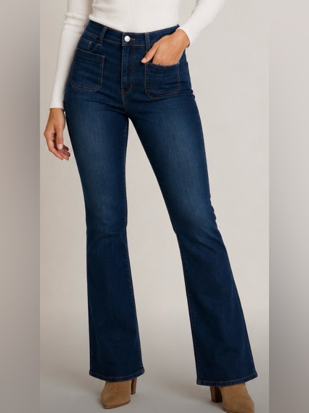 Pilcro Dark Blue Flared Jeans with Front Patch Pockets